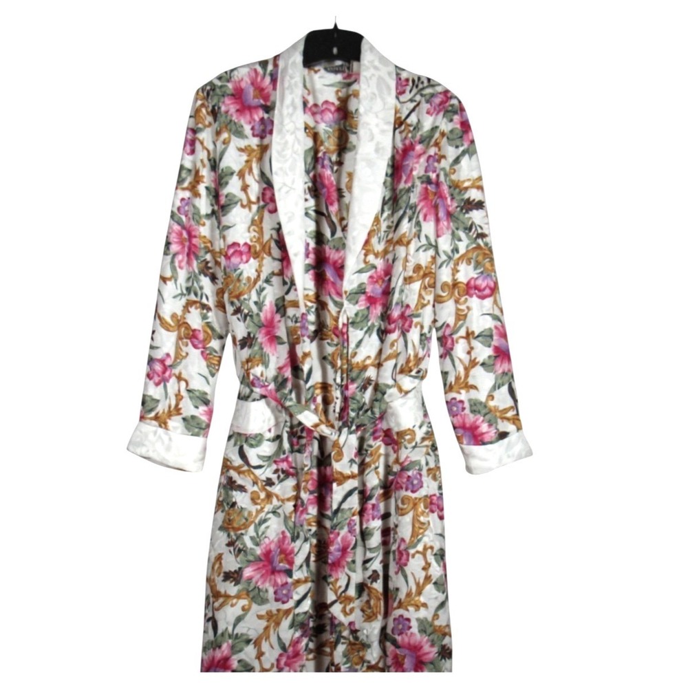 Vtg TESORO White/Multi SATIN Floral Button/Tie Lounge Robe/Nightgown Set Sz XL